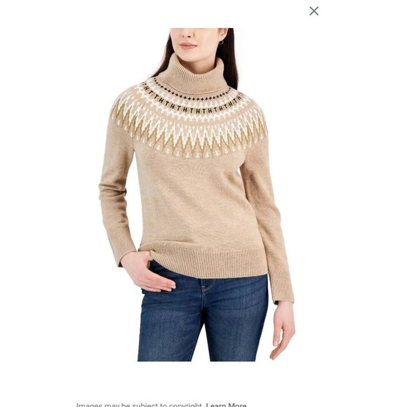 Tommy Hilfiger Women's Sweater Sz M Fair Isle Turtleneck Sweater Tan Brown NWT - Picture 1 of 9